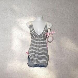 Y2K Miss Match Grey & White Striped Lace Trim Cottagecore Cami